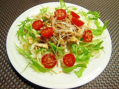 冷え冷えかんたん！水菜と焼き豚のピリ辛うどん♪